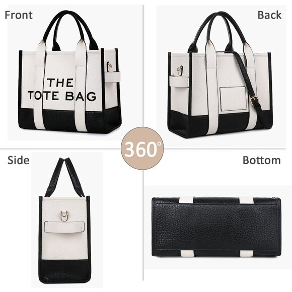 Women Pu-black & White Personalized Canvas With Zipper Top-handle Tote Handbag - Picture 6 of 6